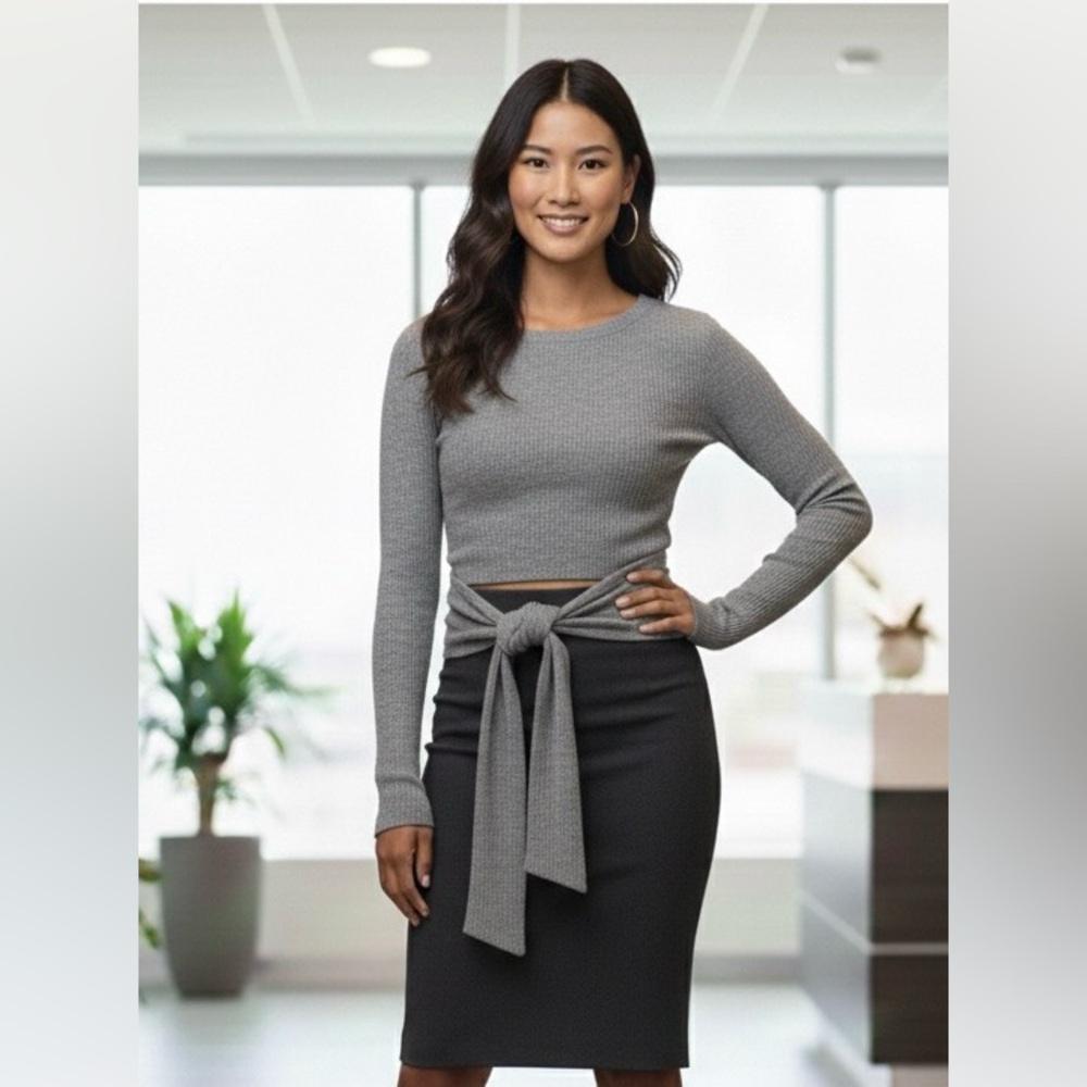 Zara Grey Ribbed Long-Sleeved, Crew Neck Sweater. Wide Side Ties Cotton Blend, S